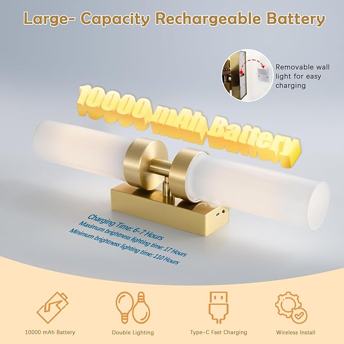 Rechargeable Wall Sconces Set of Two with Remote, Gold Battery Operated Wall Sconce with Milky Glass, Sconces Wall Decor Set of 2 Wall Light Fixtures for Bedroom Bathroom Mirror Living Room - Bloomnest