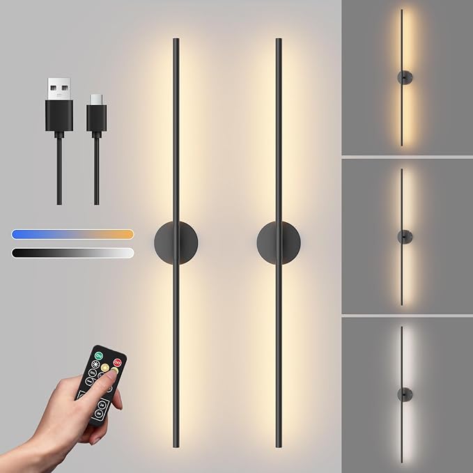 Tipace Battery Operated Wall Sconces Set of 2,Dimmable Battery Wall Sconce with Remote Control,Black LED Rechargeable Sconces,39.4 Inch Modern Wall Lights for Bedroom,Living Room - Bloomnest