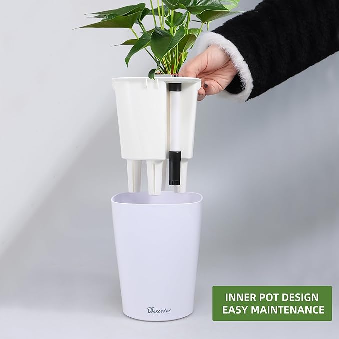 Dexceder 6x7 Self Watering Planter Indoor Outdoor, High Gloss Table Flower Plant Pot with Water Level Indicator (White) - Bloomnest