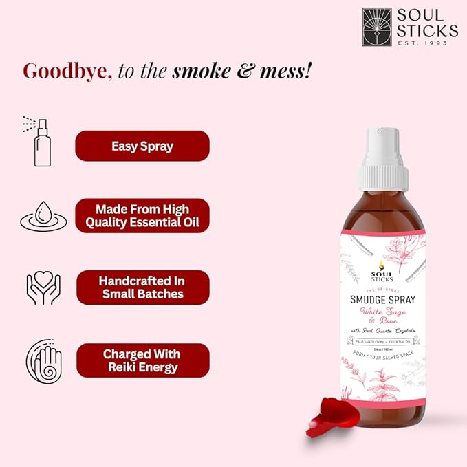 SOUL STICKS White Sage & Rose Smudge Spray For Cleansing and Negative Energy | 3.5oz Sage Smudge Spray with Real Quartz Crystals | Car Air Freshner Fragrance Sage Room Spray for Spiritual Cleansing SoulSticks