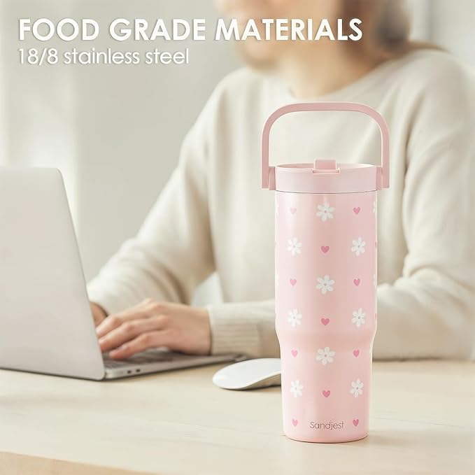 SANDJEST Daisy Stainless Steel Straw Lid Tumbler 30oz with Carry Handle for Women Girls, Insulated Travel Coffee Cup, Gift for Sports Outdoor Workout Christmas Birthday (Pink) - Bloomnest