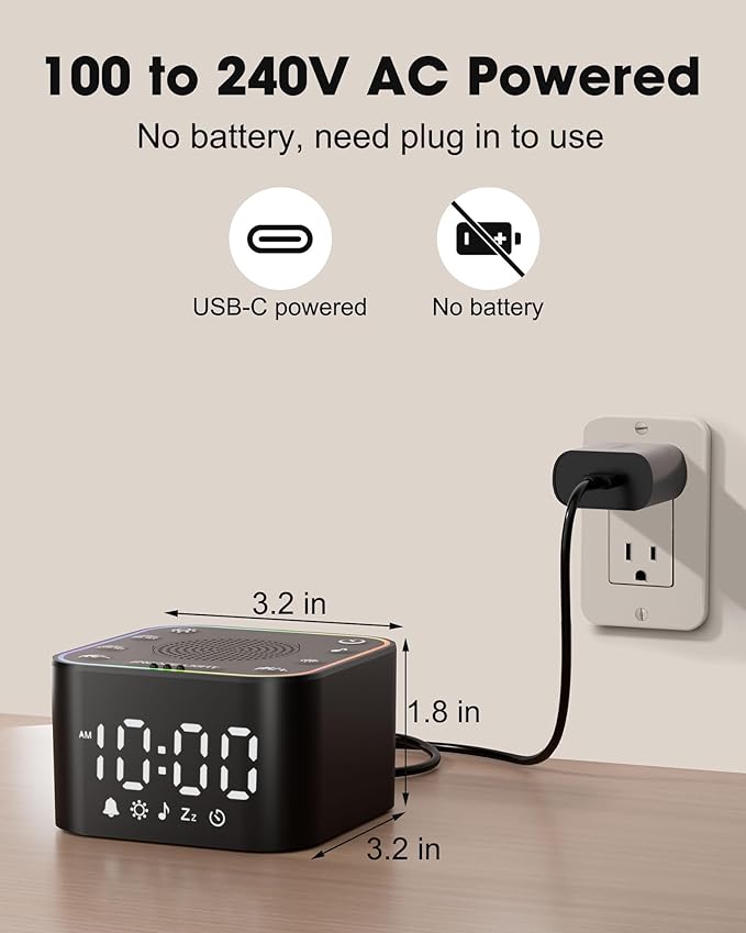 Alampan White Noise Sound Machine with Alarm Clock, 30 Soothing Sounds, Noise Machine for Sleeping, RGB Night Light, Digital Clock, Adults, for Bedside, Nightstand, Including Fan, Rain, Bird, Ocean - Bloomnest