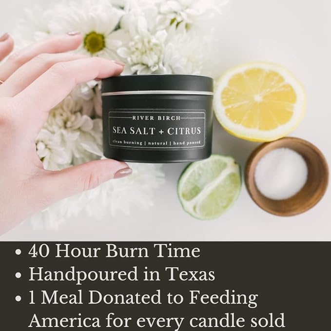 River Birch Candles Sea Salt + Citrus Scented Candle | Premium, All-Natural, Non-Toxic, Soy Candles | 8 oz. Black Matte Tin Travel Candle | Cozy Relaxing Gifts for Home - Bloomnest