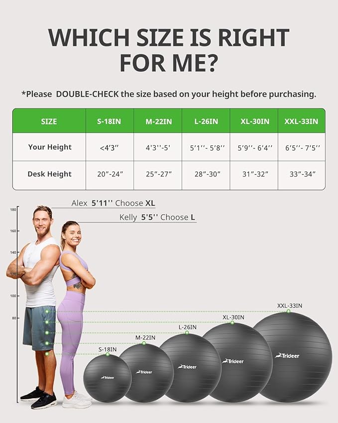 Trideer Exercise Ball for Yoga, Pilates & Fitness – Stability Ball Equipment for Home Gym & Office Chair, Core & Balance Training Accessories, Physical Therapy Equipment, Quick Pump Included, 5 Sizes - Bloomnest