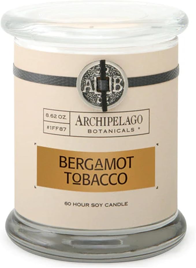 Archipelago Botanicals Scented Candle Hand-Poured Premium Wax, Burns Approx. 60 Hours, Bergamot Tobacco, Soy Candle in Glass Jar, 4.5 Inch, 8.6 oz - Bloomnest