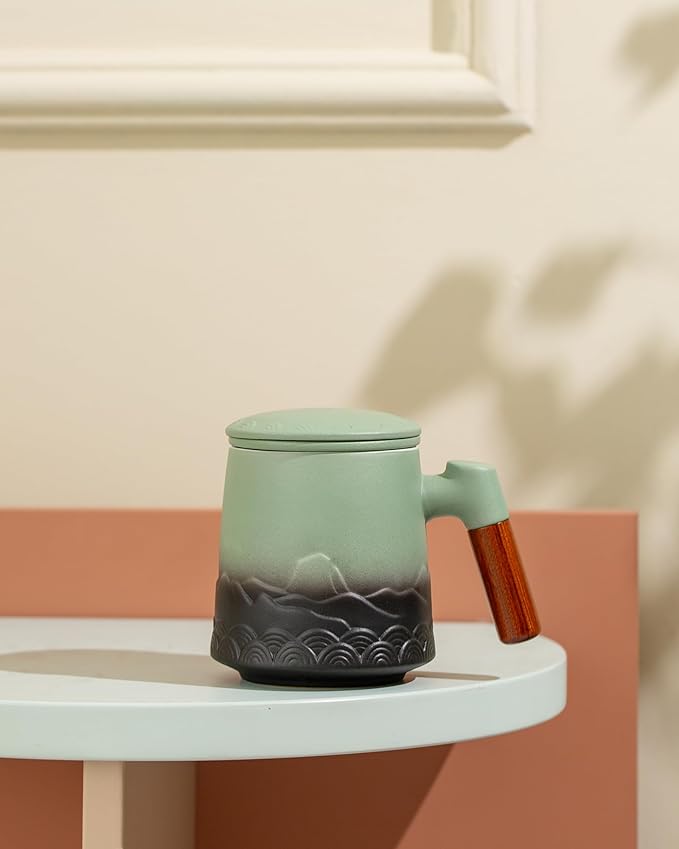 ZENS Tea Mug with Infuser and Lid for Loose Leaf Tea Steeper, 16.9 oz Embossed Ceramic Tea Cup with Fine Strainersand Wood Handle, Diffusers Accessories for Tea Lovers Gifts