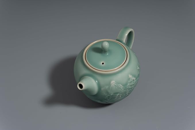 Handcrafted Longquan Celadon Teapot 240ml - Chinese Ceramic Kung Fu Teapot with Jade Glaze Landscape Art, Ideal for Oolong & Pu'er Tea