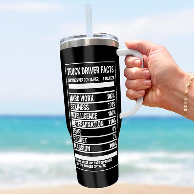 Best Truckin' Dad Ever Personalized Tumbler with Handle and Lid, Custom Truck Driver Nutrition Facts Mug, 20oz 30oz Insulated Stainless Steel Gift - Bloomnest