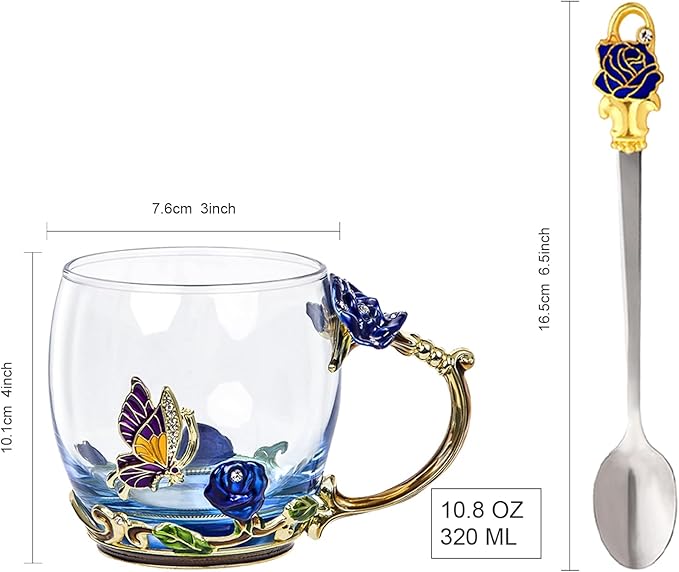 Flower Tea Cup,Butterfly Rose Clear Glass Fancy Coffee Mug with Spoon,Gift Box for Her Mom Wife Grandma Girls Women Christmas Birthday Present Idea for Juice,Hot And Cold Drinks Use - Bloomnest