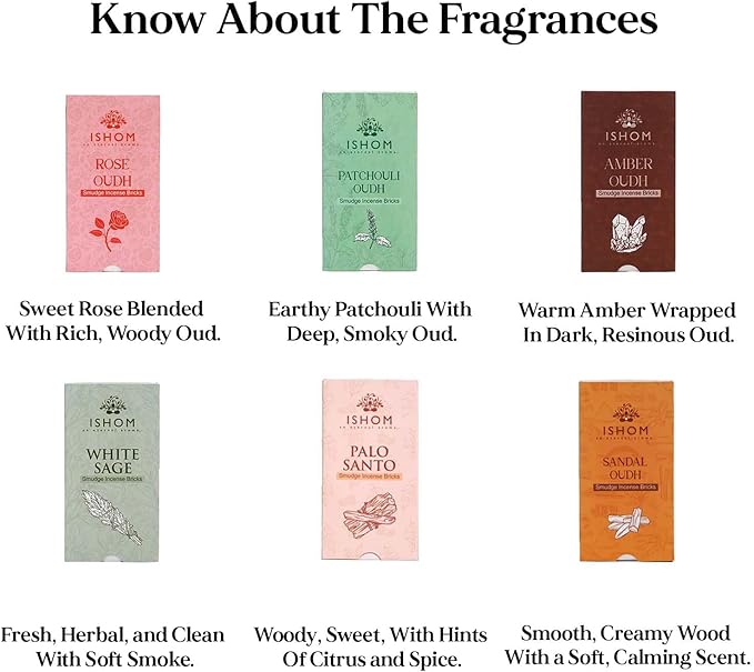 Smudge Incense Bricks Combo Pack of 90 (6 Packs x 15) | Assorted Scents of Palo Santo White sage, Patcholi Sandal Oudh, Amber & Rose | Ideal for Home Purification, Yoga, Meditation, and Aromatherapy