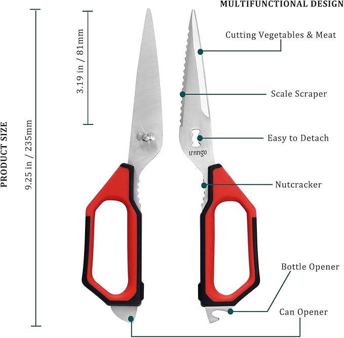 LIVINGO Kitchen Scissors Set All Purpose - Heavy Duty Stainless Steel Come Apart Food Shears for Cutting Meat, Vegetables, Dishwasher safe, 2 Pack, Red Black Multi-Function Handles - Bloomnest