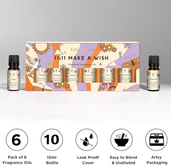 Folkulture Essential Oils for Home | Set of 6 (0.34 fl oz x 6) Sandalwood, Vanilla, Eucalyptus, Cedar Essential Oil, Sage & Chamomile Diffuser Oils for Relaxation for Women - Bloomnest