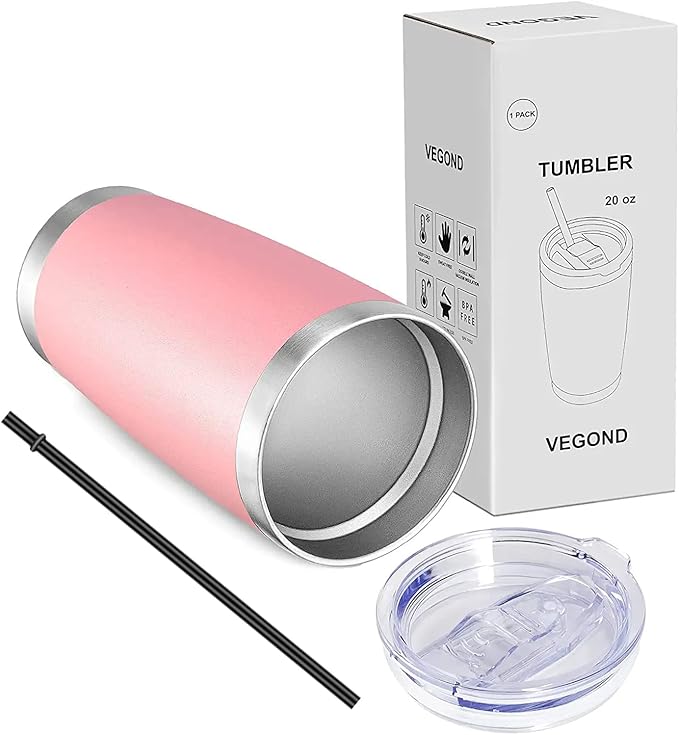 VEGOND 20oz Tumbler with Lid and Straw Stainless Steel Tumbler Cup Vacuum Insulated Double Wall Travel Coffee Mug Powder Coated Coffee Cup(Pink 1 Pack)