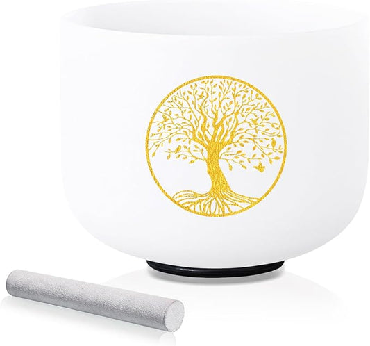 432HZ 8 Inch F Note Heart Chakra Crystal Singing Bowl Sound Healing, Frosted Quartz Crystal Tree of Life Sound Bowl, Sude and O-ring For Sound Healing Meditation - Bloomnest