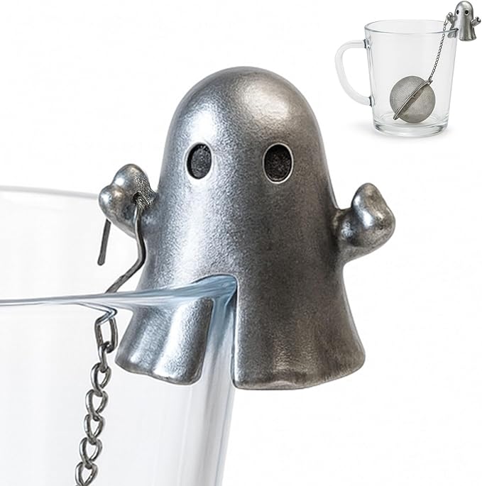 Calico Cat Tea Infuser Set - Adorable Tricolor Kitty Hook, Fine Mesh Loose Leaf Tea Steeper, Stainless Steel, No Mess, 1 Pack (Ghost Hugging the Cup Edge)