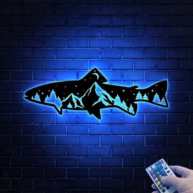 Personalized Neon Sign, Trout Fish Mountain Metal Wall Art Led Light, Fishing Gifts for Men, Gift for Dad, Fish and Trees Sign, Cabin Lodge Decor, Fisherman Gift - Bloomnest