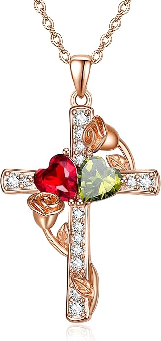 Rose Gold Dual Birthstones Cross Necklace for Women Rose Flower Jewelry Anniversary Christmas Mother's Valentine's Day Birthday Gift for Wife Girlfriend Mom - Bloomnest