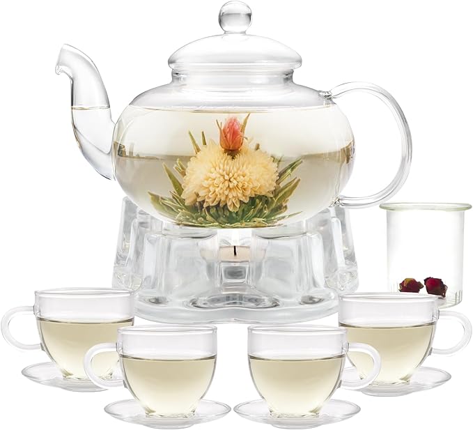 Glass Teapot Set, 34OZ/1000ML Glass Tea Kettle with Loose Tea Infuser & Warmer, 5oz/150ML Tea Cup & Saucer Set of 4, Stovetop & Microwave Safe Tea Maker, Blooming Tea Gift Set For Women - Bloomnest
