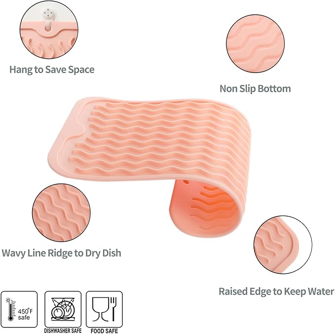 Silicone Dish Drying Mat for Multiple Usage,Easy clean,Eco-friendly,Heat-resistant Silicone Mat for Kitchen Counter or Sink,Refrigerator or Drawer Liner Pink S 12 inches x 6 inches - Bloomnest