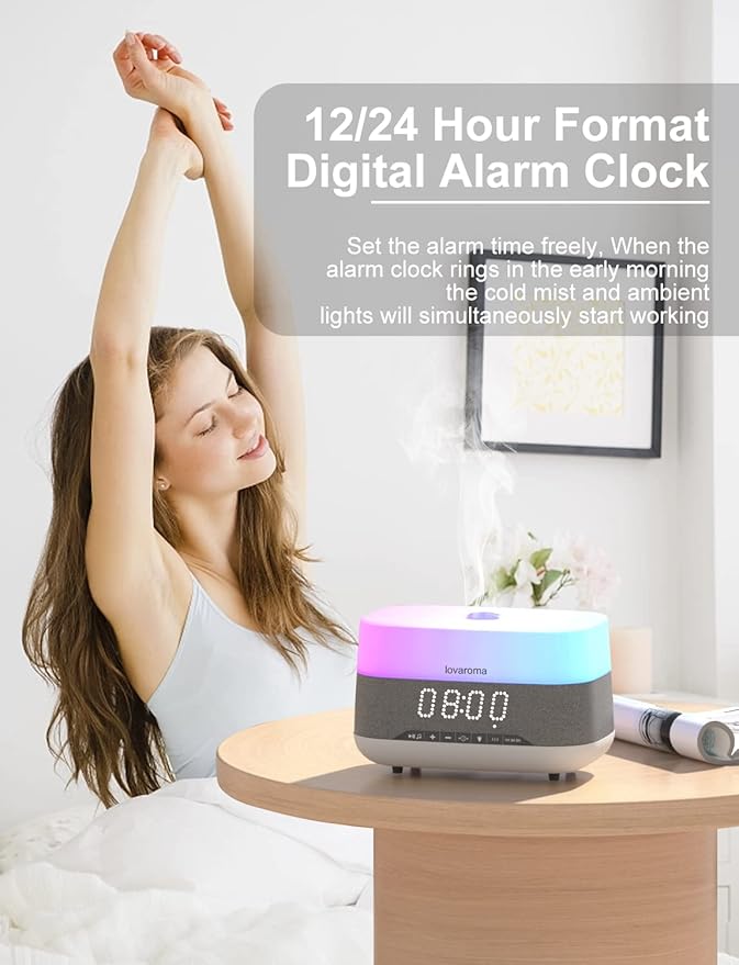 Versatile Essential Oil Diffuser, 300ml Aroma Diffuser with Bluetooth Speaker and Alarm Clock, 7 Colors LED Light Aromatherapy Diffusers & Cool Mist Humidifier 3-Level Brightness, Auto-Off Protection - Bloomnest