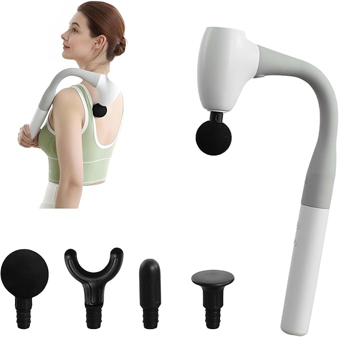 Massage Gun with Extended Handle, Upgraded U-Shaped Back Massager, Reaches Hard-to-Access Muscles, 4 Massage Heads & 4 Speed Levels, Body Massager for Back, Neck, Shoulder, Leg, White - Bloomnest