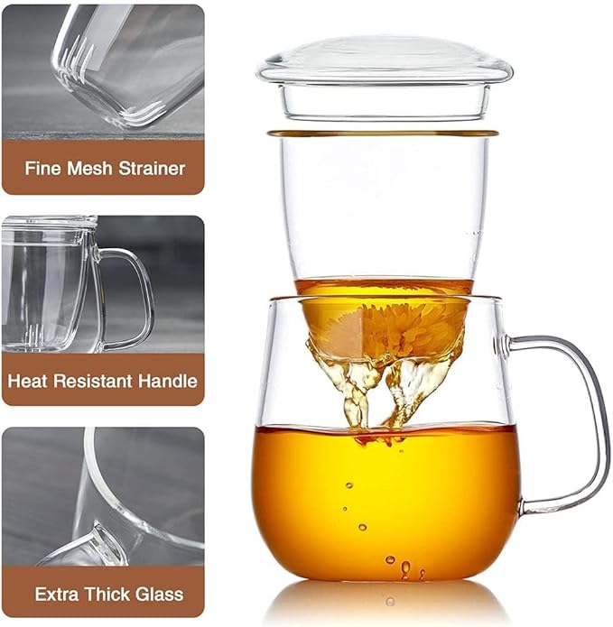 Glass Teacups 4 Pack Glass Tea Cup with Infuser and Lid, 17.6oz/520ml Large Borosilicate Teacup,Tea Clear Mug Cup for Loose Leaf Blooming Tea, Microwave & Dishwasher Safe - Bloomnest