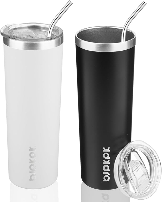 BJPKPK 20 oz Skinny Tumbler with Lid 2 Pack Slim Insulated Travel Coffee Cup Stainless Steel Thermal Mug,Black,White - Bloomnest