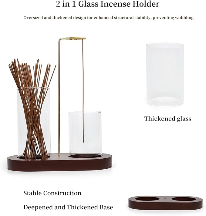 2 in 1 Glass Incense Holder for Sticks with 9-Hole Upright Burner, Ash Catcher, Brush & Greeting Card, Meditation & Yoga Accessories,Gift for Home Decor (Dark Base) - Bloomnest