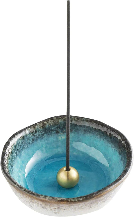 Asayu Japanese Small Mini Incense Holder for Sticks 3.3 inch (83mm), Made in Japan Ceramic Ash Catcher and Brass Incense Burner Set for Yoga, Meditation (Small Mini Nature Ocean Blue Holder) - Bloomnest