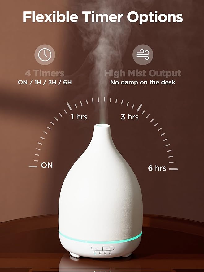 InnoGear Oil Diffuser, 300ML Ceramic Diffuser for Essential Oils Handcrafted Aromatherapy Diffuser Ultrasonic Cool Mist Humidifier with 4 Timers Waterless Auto Off for Room Office, White Base - Bloomnest