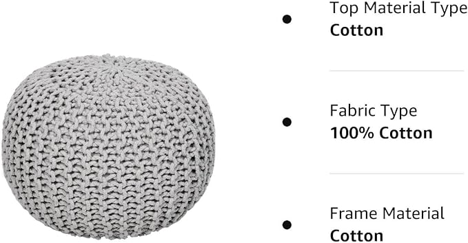 REDEARTH Round Boho Pouf Ottoman - Cable Knitted Cord Boho Pouffe - Stuffed Poof Accent Beanbag Footrest for Living Room - Nursery - Bedroom - Covered Patio - Study Nook (19.5"x19.5"x14") - Gray - Bloomnest