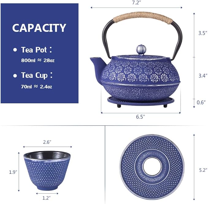Ufine Blue Floral Cast Iron Teapot Set Japanese Style Tetsubin Tea Kettle with 4 Cups, Stainless Steel Infuser for Stove Top Tea Brewing 28 oz - Bloomnest