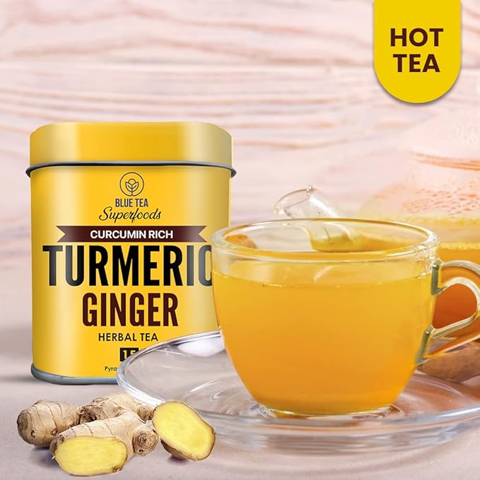 BLUE TEA - Turmeric Ginger Tea - 15 Count - Pyramid Plant Based Tea Bag | CURCUMIN RICH - HERBAL BLEND | Herbal Tea - Caffeine Free - Non-GMO - Vegan - Earthy Flavor - Healthy | Reusable Tin Pack - Bloomnest