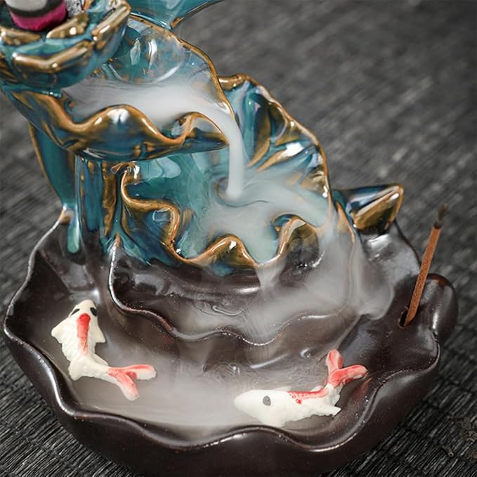 Ceramic Incense Holder Set, Creative Moon Waterfall Incense Holder Backflow Incense Burner with 20 Backflow Incense Cones +30 Incense Sticks+1 Tweezers+1 Mat Aromatherapy Decorations for Home (Blue)