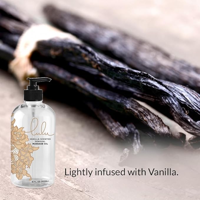 Lulu Vanilla Massage Oil with Fractionated Coconut & Cocoa Butter, Deeply Nourishing Non-Greasy Body Oil for Smooth Skin & Relaxation, for Date Night, Couples Massage & Massage Therapy, 16 fl oz Pump