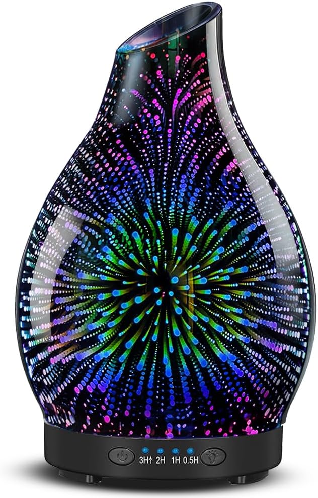 120ML Essential Oil Diffuser, 3D Glass Aromatherapy Diffuser with Auto Shut-Off and 7 Color LED Lights, Ultrasonic Mist Humidifier with 4 Timer for Home Office Bedroom (3D Fireworks) - Bloomnest