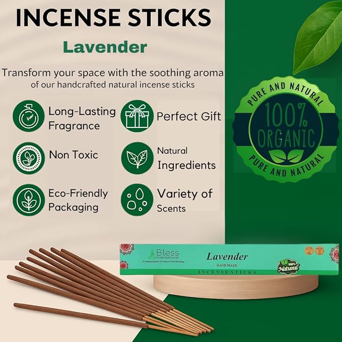 Bless-Lavender 100%-Natural-Handmade-Hand-Dipped-Incense-Sticks Organic-Chemicals-Charcoal-Free Purification-Relaxation-Positivity-Yoga-Meditation Best-Woods-Scent (100 Sticks (5.25 OZ))