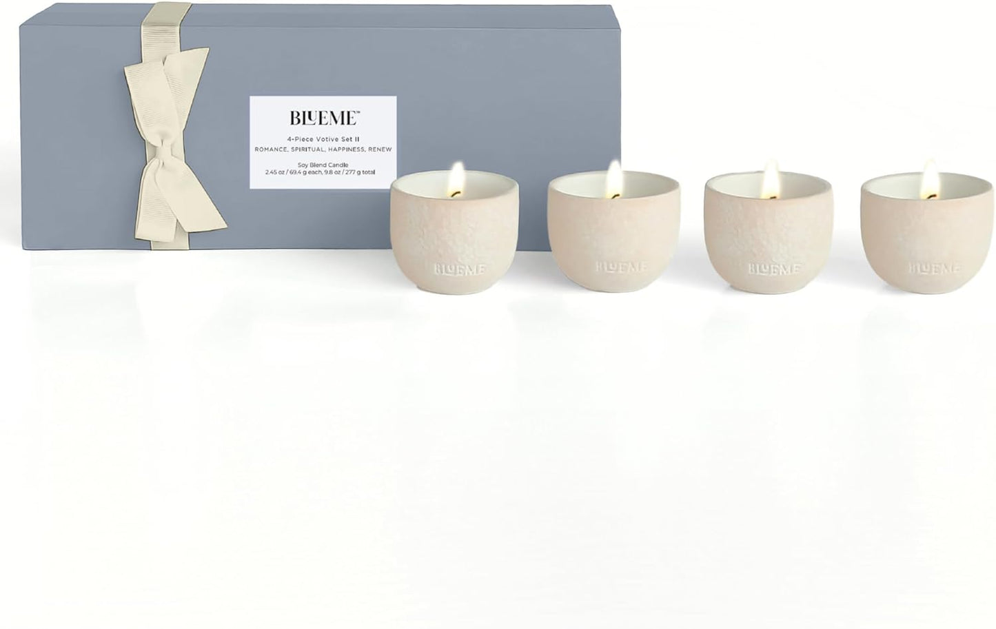 BLUEME 4pk Wellness Travel Candle Votive, Sustainable, Contains Essential Oil, Soy-Wax Blend (Romance, Spiritual, Happiness, Renew)