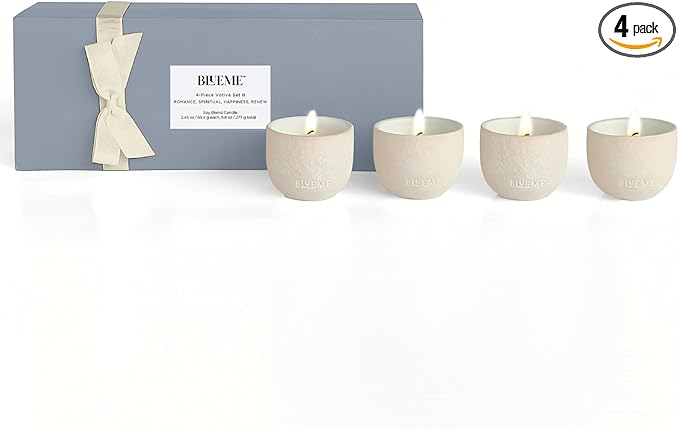 BLUEME 4pk Wellness Travel Candle Votive, Sustainable, Contains Essential Oil, Soy-Wax Blend (Romance, Spiritual, Happiness, Renew) - Bloomnest