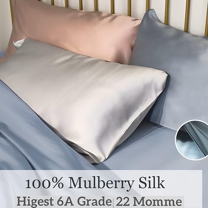 100% Mulberry Silk Pillowcase for Hair and Skin Made in USA, Real 22 Momme Silk Pillow Cases Queen, Not Satin Pillowcase, Anti Acne,Zipper Closure, 1 Pc 20"x30" (Queen, Blue Grey) - Bloomnest
