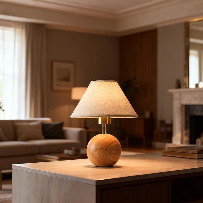 Table Lamp for Living Room,Wood Base Flaxen Fabric Shade Desk Lamp for Bedroom,Small Décor Ambient Bedside Lamps for Night Stands,LED Bulb (not Included) - Bloomnest