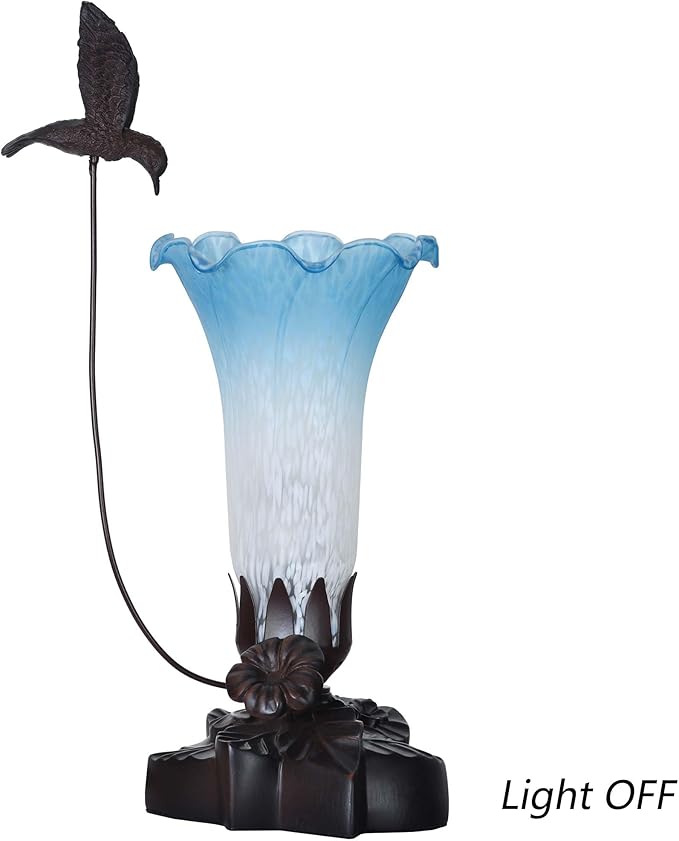 Bieye LL04 Hummingbird Flying Over Lily Flower Blown Glass Table Lamp for Home Decor (White Blue, 4.25Wx12H)
