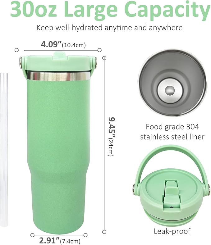 30 oz Tumbler with Top Handle, Double Wall Vacuum Insulated Tumbler with Flip Straw, Travel Coffee Mug 30oz Powder Coated Cup for Laser Engraving (Green,1 pack)