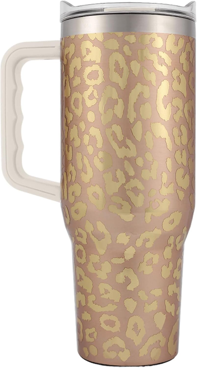 Yukon Outfitters Fit Forty 40oz Double Wall Vacuum Insulated Stainless Steel Tumbler with Reusable Straw & Ergonomic Handle | For Hot or Cold Beverage, Gold Leopard