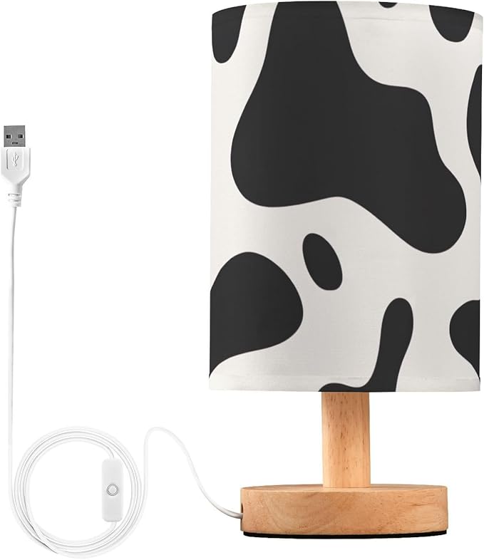 Bedside Lamp Black White Cow Print Table Lamp with USB Port Wood Base for Living Room,Bedroom,Nightstand,Office 202a3295 - Bloomnest