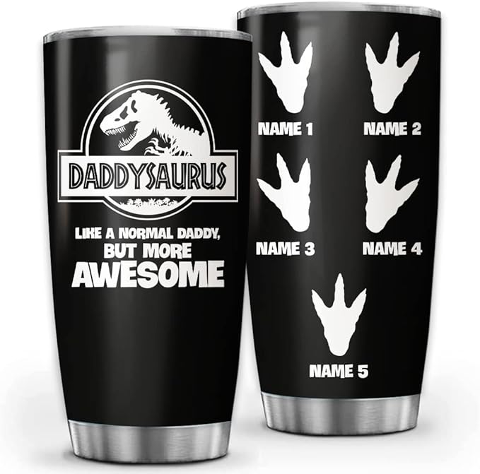 Custom DaddySaurus Gifts For Dad From Daughter, Son, Kids Personalized Tumbler Cup Father's Day Gift, Gift For Dad, Father, Papa, Grandpa 20oz Insulated Coffee/Tea Tumbler with Lid - Bloomnest
