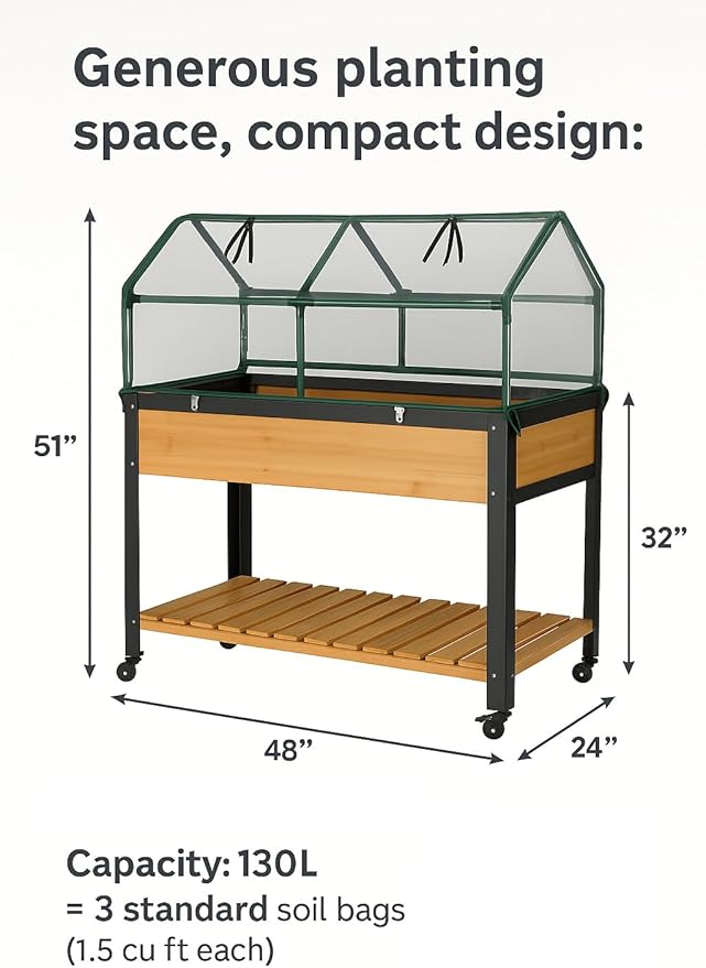 GOJ Raised Garden Bed Wood 48x24x32 inch with Greenhouse & Lockable Wheels - Elevated Wood Planter Box for Outdoors Vegetable Flower Bed Herb Planter - 400 lbs Capacity - Bloomnest