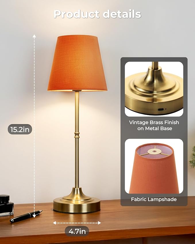 Gold Cordless Rechargeable Table Lamp, Touch LED Bedside Lamp, 5200mAh Battery Operated Lamp, 3 Shades + 3 Color Stepless Dimming, Portable Wireless Small Table Lamp for Bedroom,Kitchen - Bloomnest