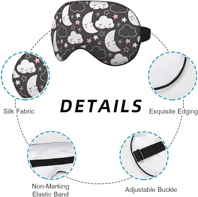 Grey Night Sleep Eye Mask Eye Cover Cute Cartoon Clouds Moons White Pink Silk Eye Mask for Sleeping with Adjustable Strap for Travel Nap Shift Work Office - Bloomnest