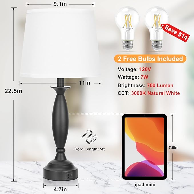 White Lamps for Bedrooms Set of 2 - Touch Control Bedside Lamp with USB C+A, 3 Way Dimmable Nightstand Lamps with USB Port, Table Lamp for Living Room(White Shade and Black Base) - Bloomnest